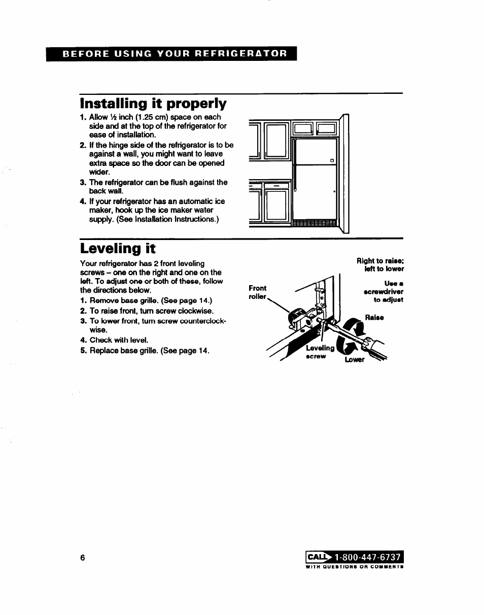 Installing it properly, Leveling it | Whirlpool RT22AK User Manual | Page 6 / 24