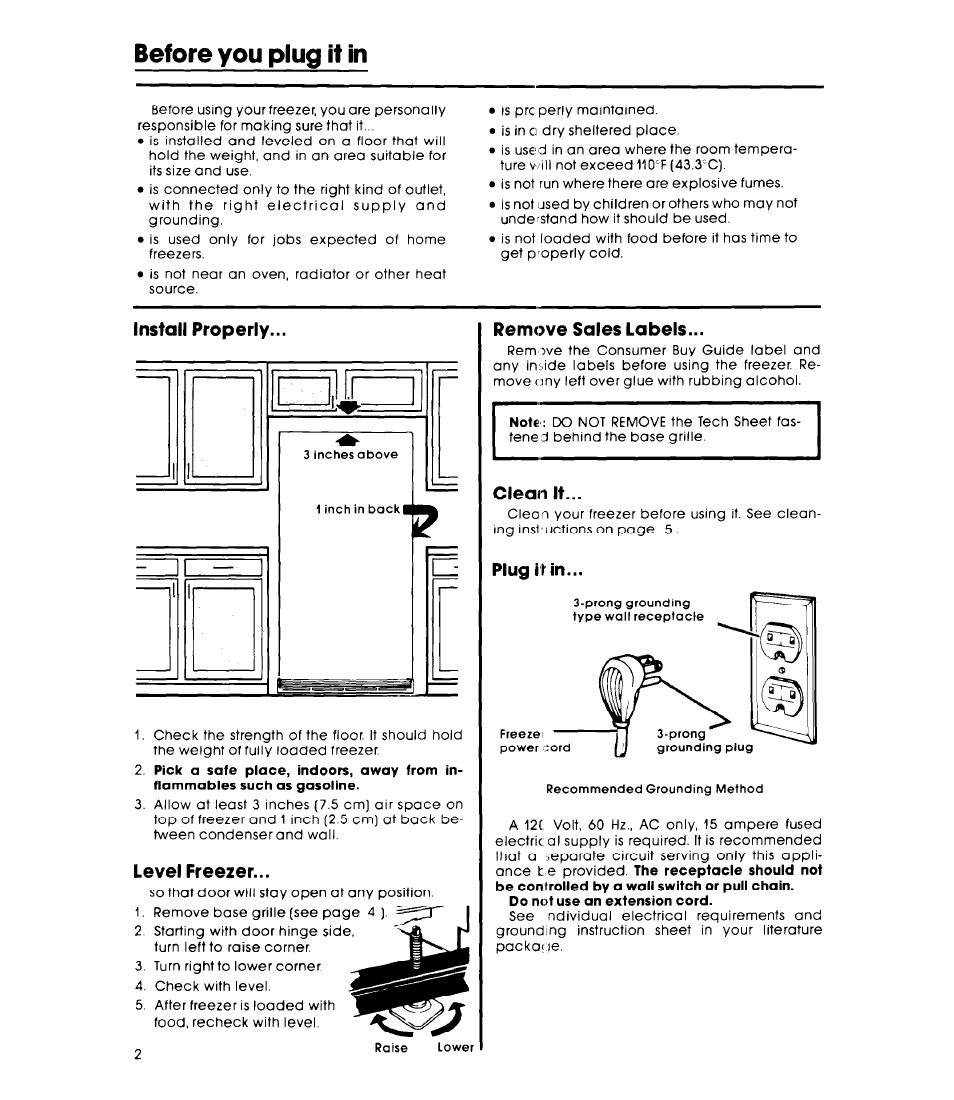 Install properly, Level freezer, Remove sales labels | Clean it, Plug it in, Before you plug it in | Whirlpool EVISHKXK User Manual | Page 2 / 8