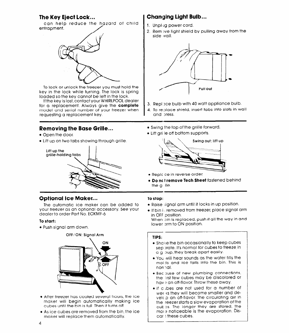 The key eject lock, Changing light bulb, Removing the base griile | Optional ice maker | Whirlpool EVISHKXK User Manual | Page 4 / 8