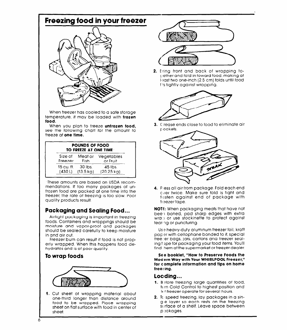 Packaging and sealing food, To wrap foods, Looiding | Freezing food in your freezer | Whirlpool EVISHKXK User Manual | Page 6 / 8