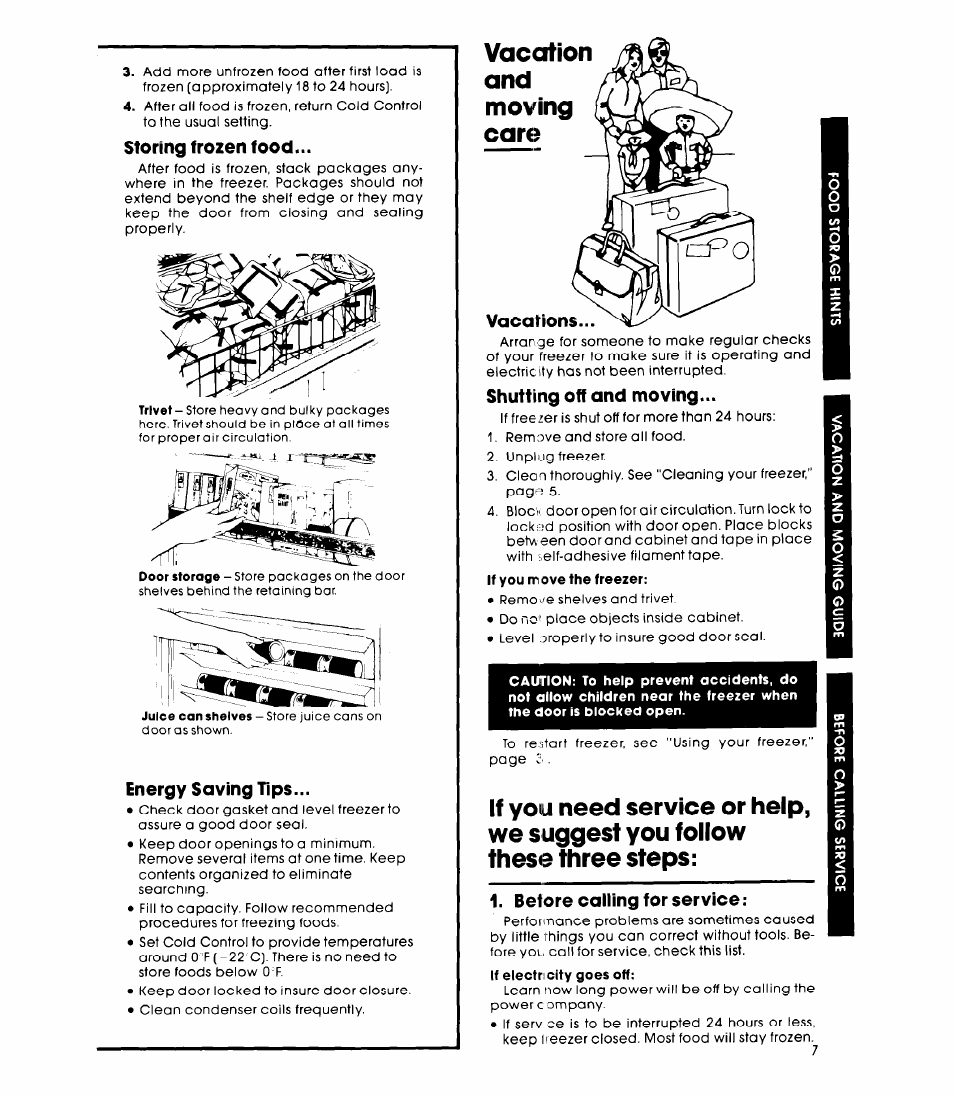 Storing frozen food, Energy saving tips, Shuffing off and moving | Before cailing for service | Whirlpool EVISHKXK User Manual | Page 7 / 8