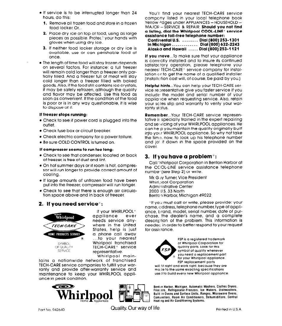 If you need service, Whirlpool ftp, If you have a problem | Quality. our way of life | Whirlpool EVISHKXK User Manual | Page 8 / 8