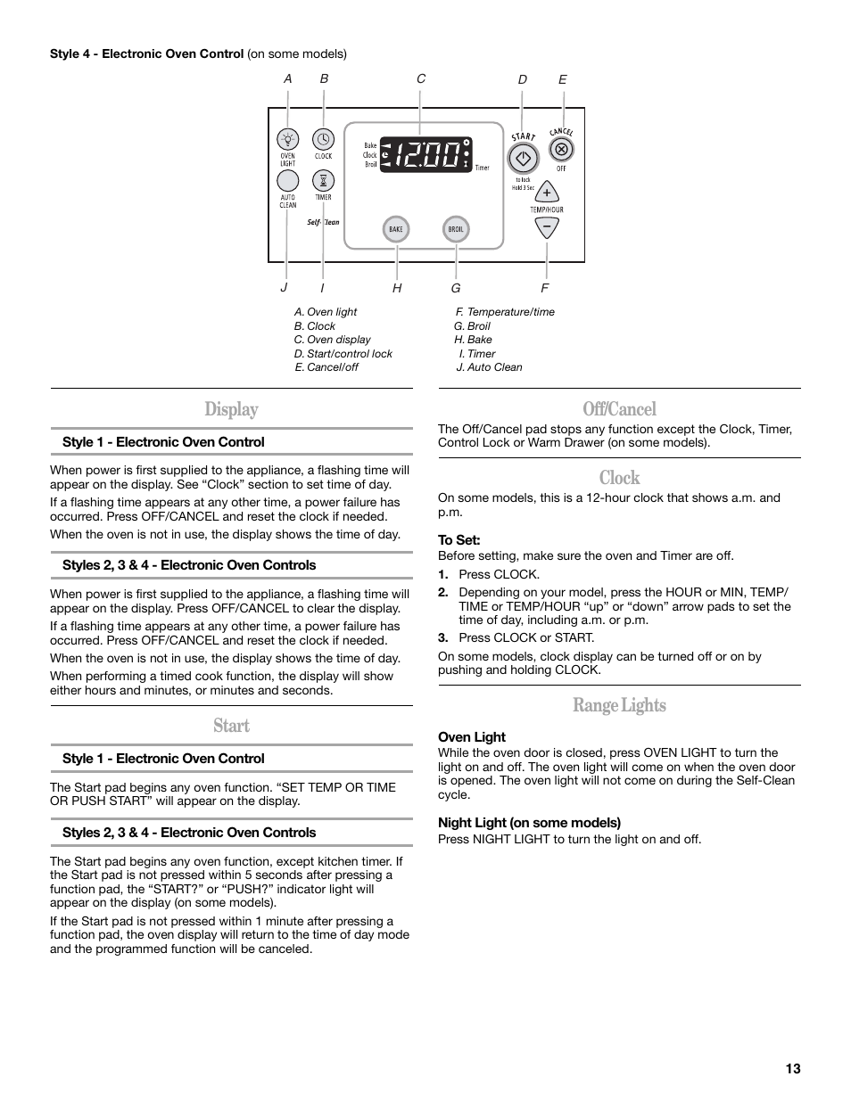 Display, Start, Off/cancel | Clock, Range lights | Whirlpool GR563LXSB0 User Manual | Page 13 / 32