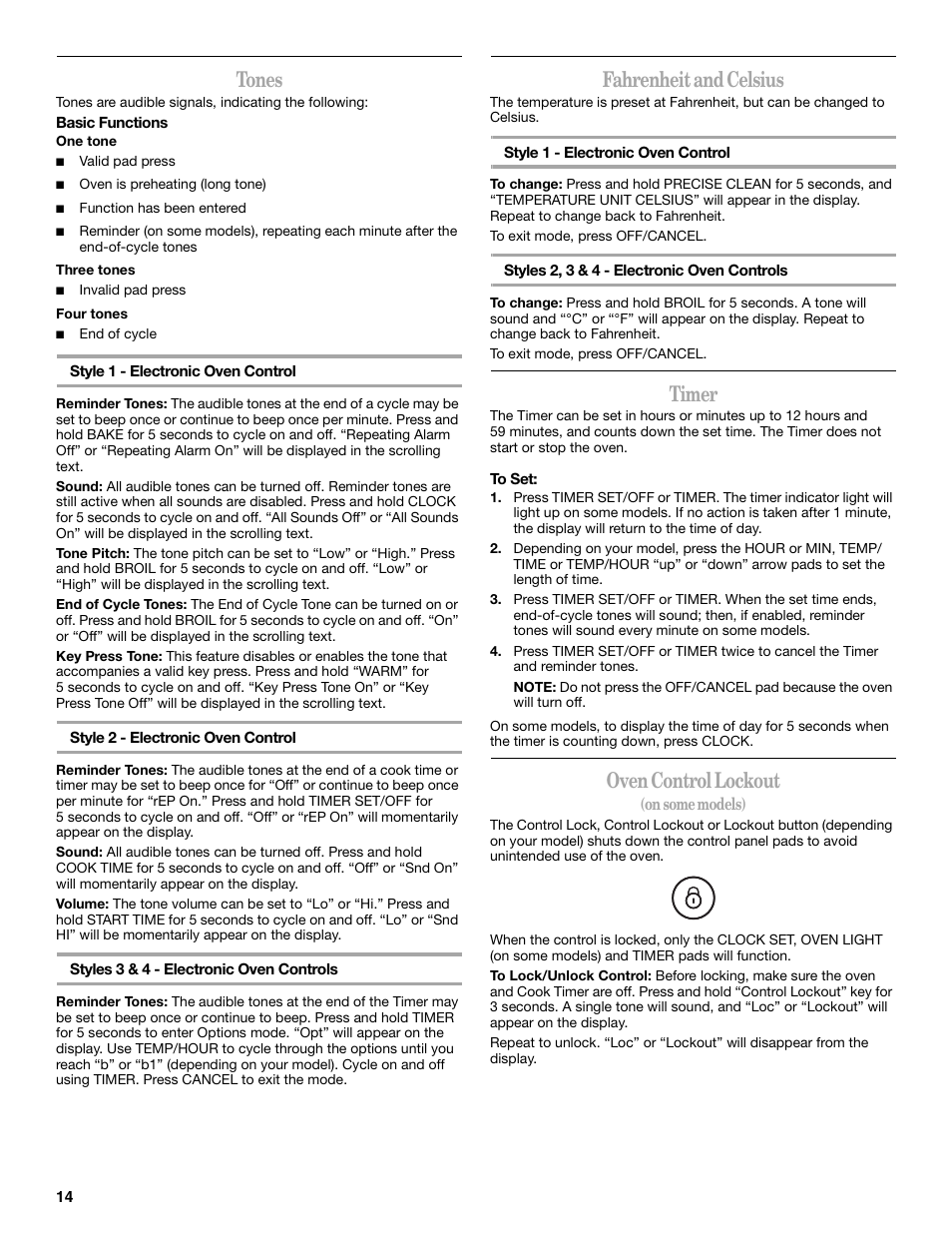 Tones, Fahrenheit and celsius, Timer | Oven control lockout | Whirlpool GR563LXSB0 User Manual | Page 14 / 32
