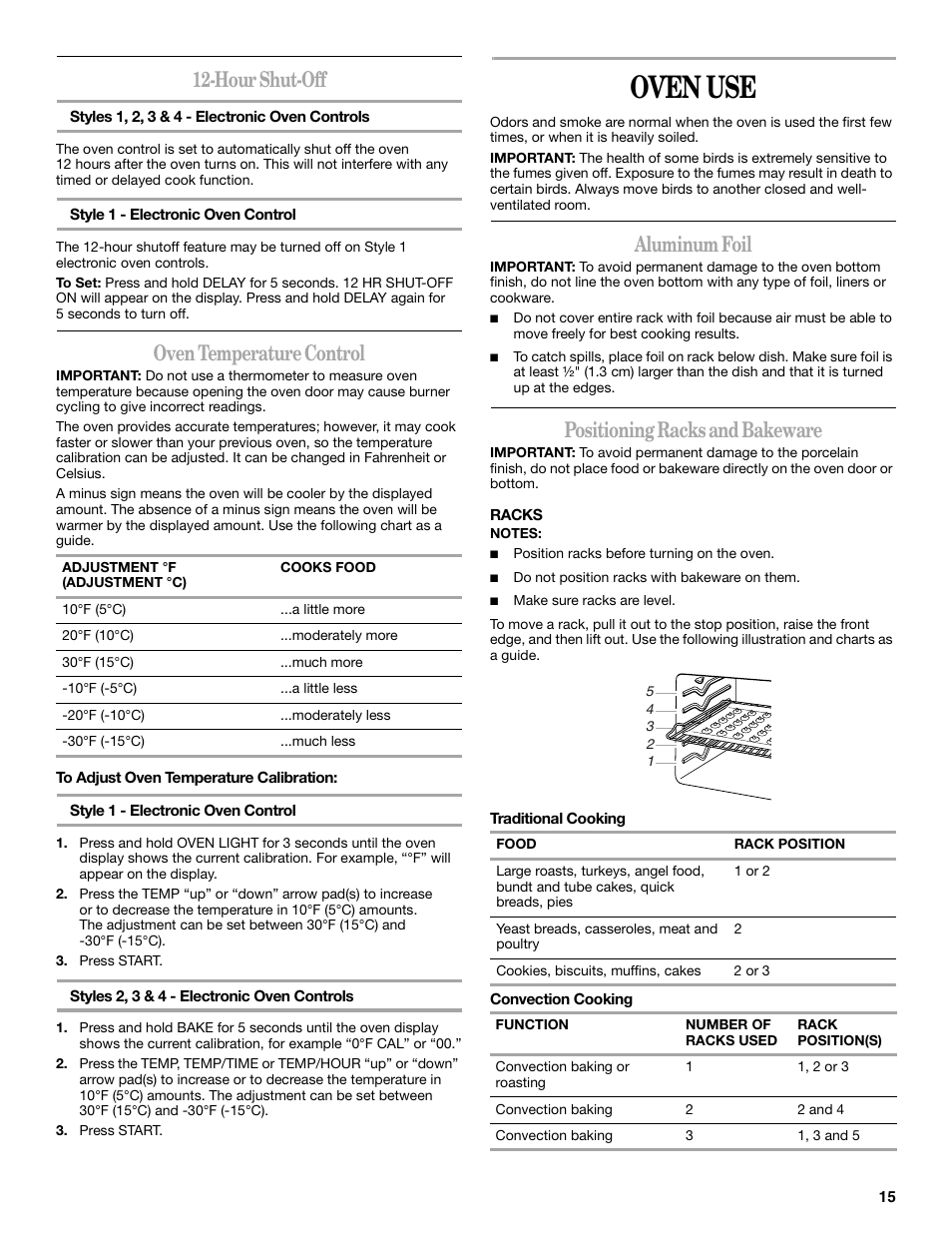 Oven use, Hour shut-off, Oven temperature control | Aluminum foil, Positioning racks and bakeware | Whirlpool GR563LXSB0 User Manual | Page 15 / 32