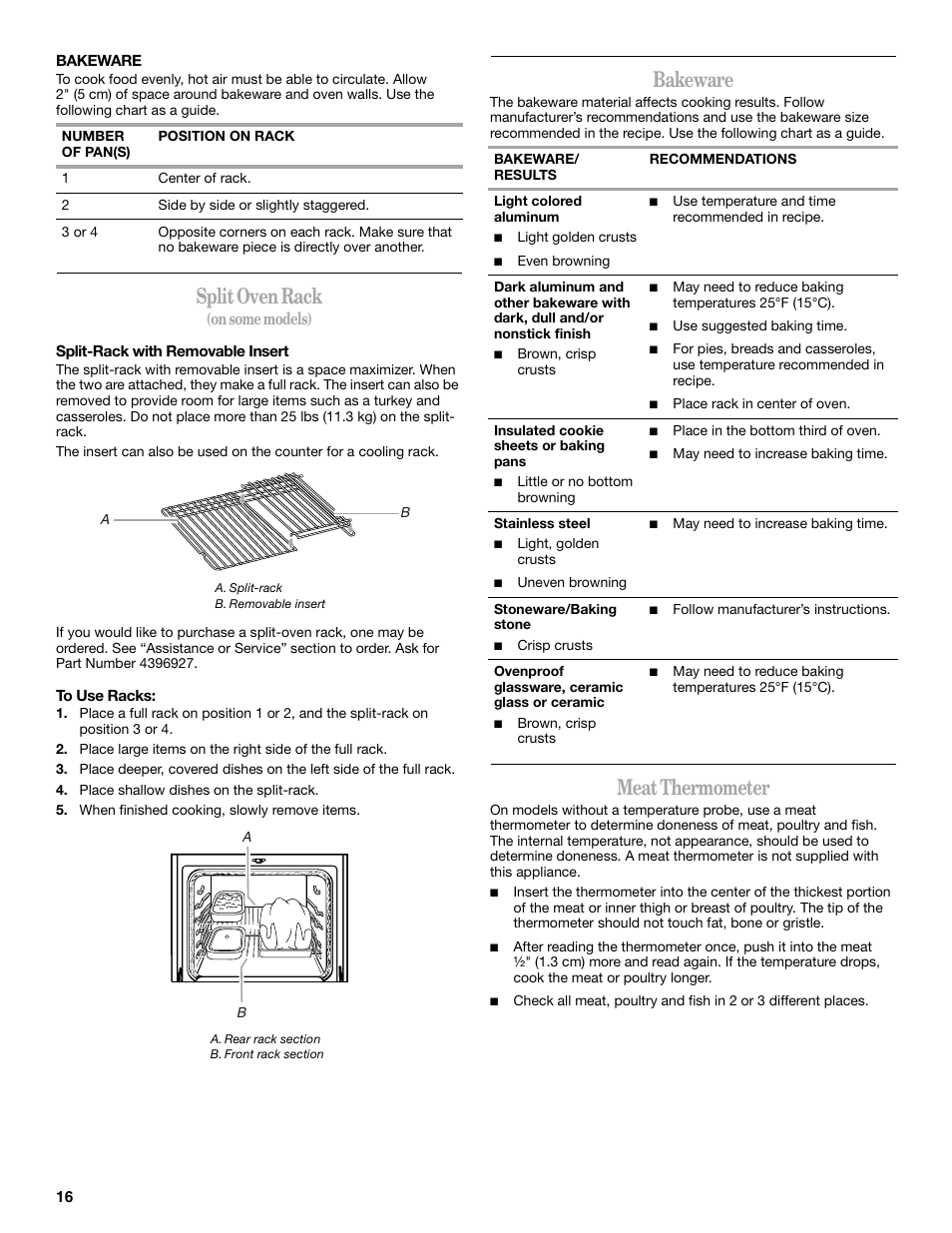 Split oven rack, Bakeware, Meat thermometer | On some models) | Whirlpool GR563LXSB0 User Manual | Page 16 / 32