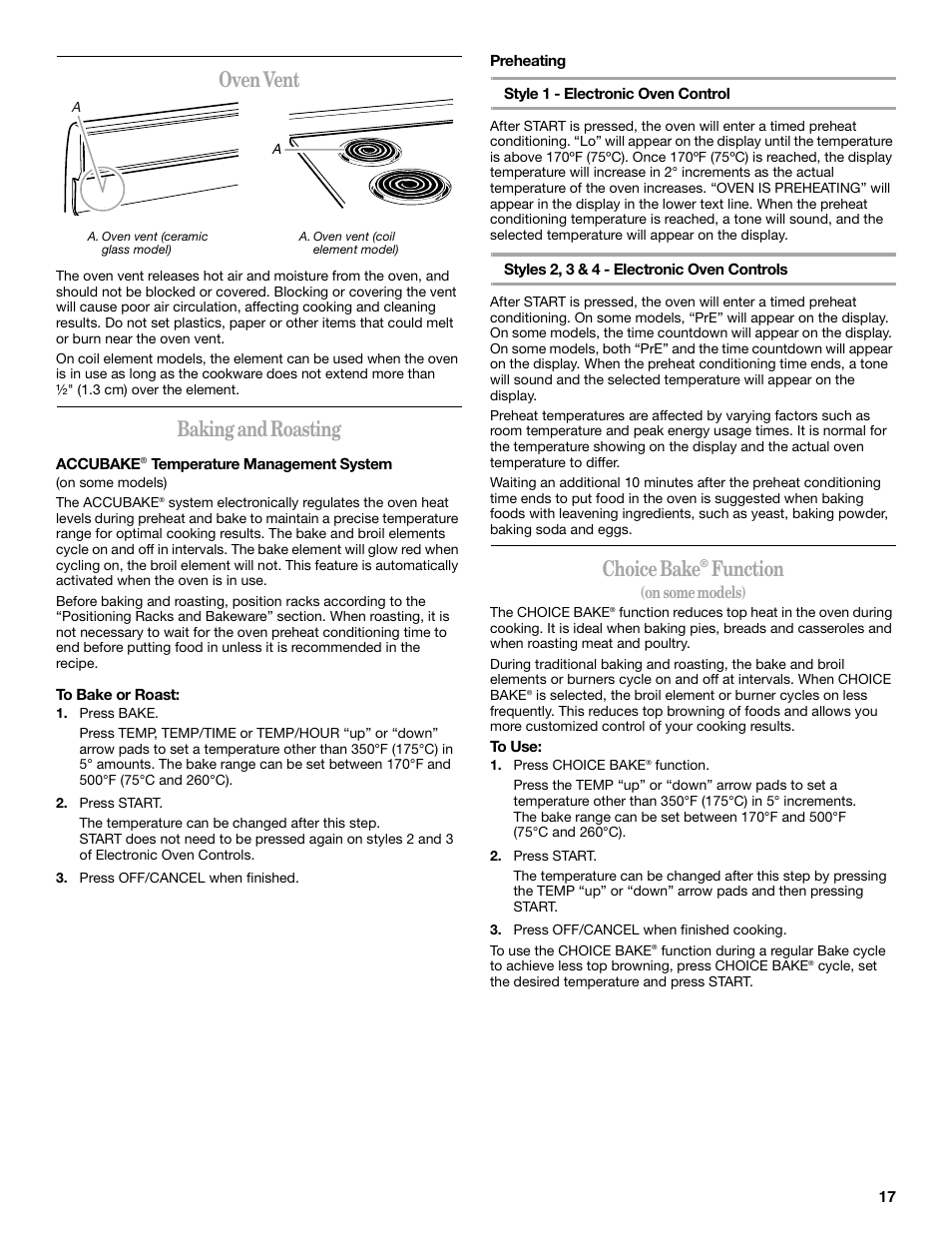 Oven vent, Baking and roasting, Choice bake | Function | Whirlpool GR563LXSB0 User Manual | Page 17 / 32