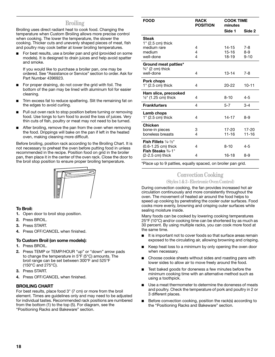 Broiling, Convection cooking | Whirlpool GR563LXSB0 User Manual | Page 18 / 32