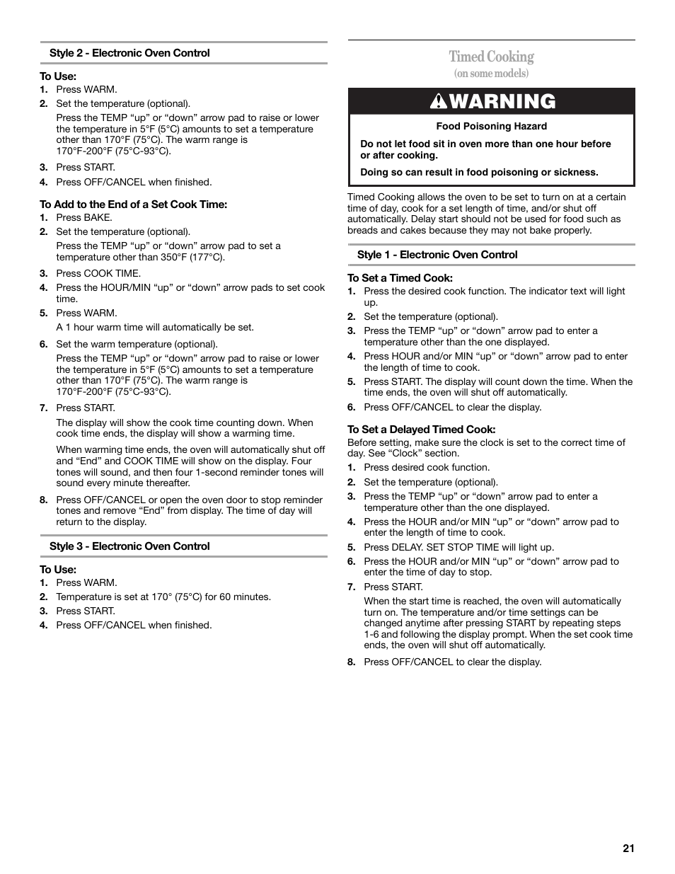 Warning, Timed cooking | Whirlpool GR563LXSB0 User Manual | Page 21 / 32