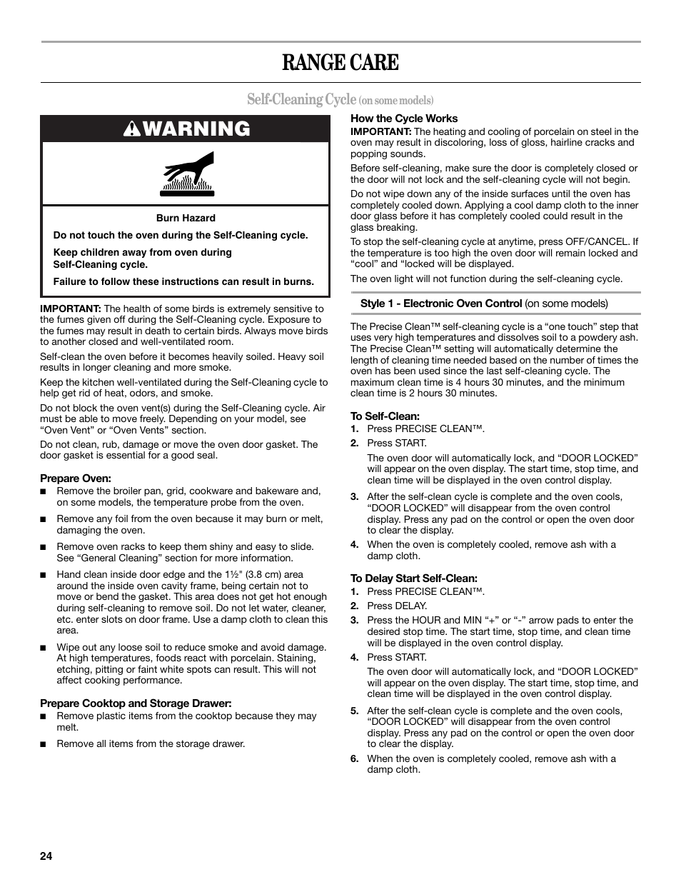 Range care, Warning, Self-cleaning cycle | Whirlpool GR563LXSB0 User Manual | Page 24 / 32