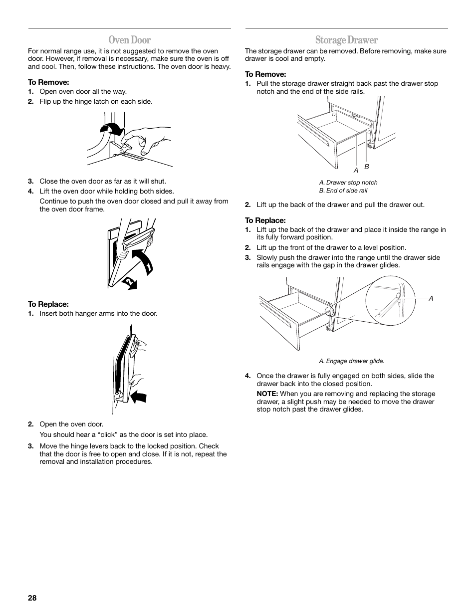 Oven door, Storage drawer | Whirlpool GR563LXSB0 User Manual | Page 28 / 32