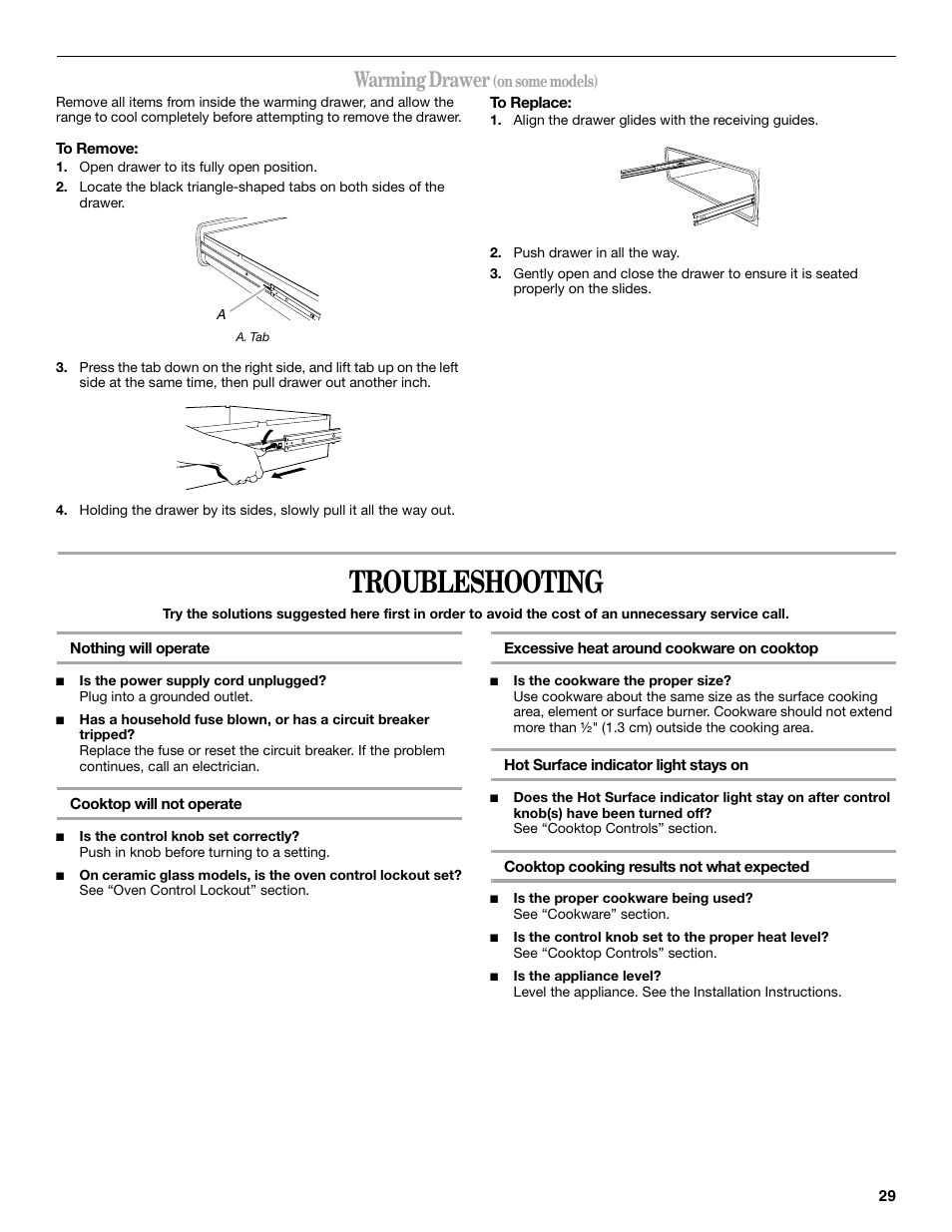 Troubleshooting, Warming drawer | Whirlpool GR563LXSB0 User Manual | Page 29 / 32