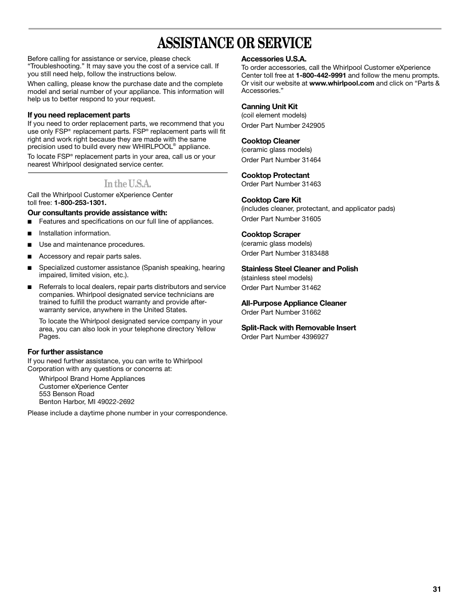 Assistance or service | Whirlpool GR563LXSB0 User Manual | Page 31 / 32