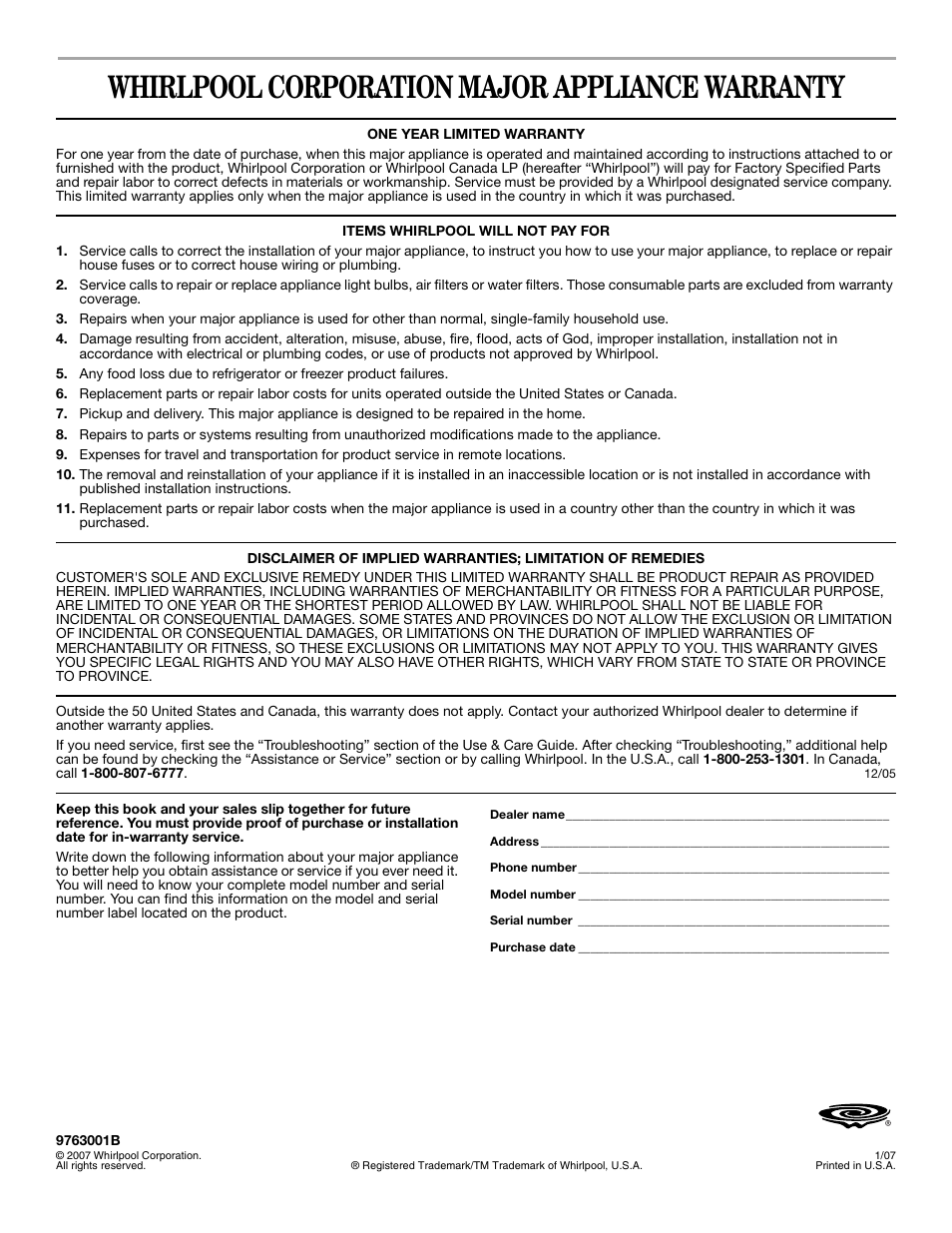 Whirlpool corporation major appliance warranty | Whirlpool GR563LXSB0 User Manual | Page 32 / 32