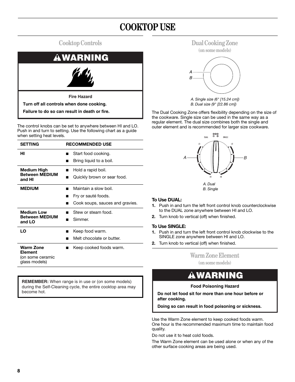 Cooktop use, Warning, Cooktop controls | Dual cooking zone, Warm zone element | Whirlpool GR563LXSB0 User Manual | Page 8 / 32
