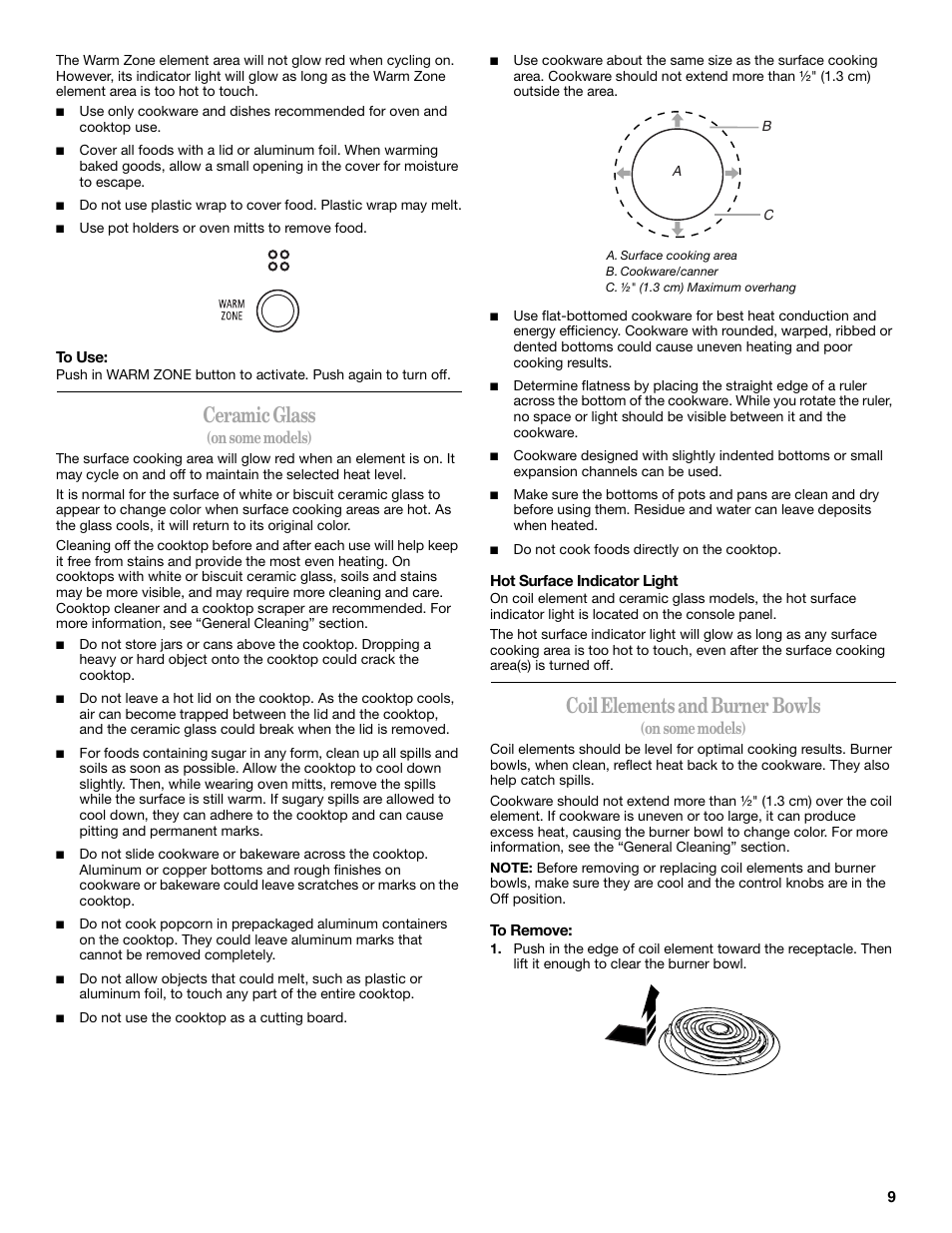 Ceramic glass, Coil elements and burner bowls, On some models) | Whirlpool GR563LXSB0 User Manual | Page 9 / 32