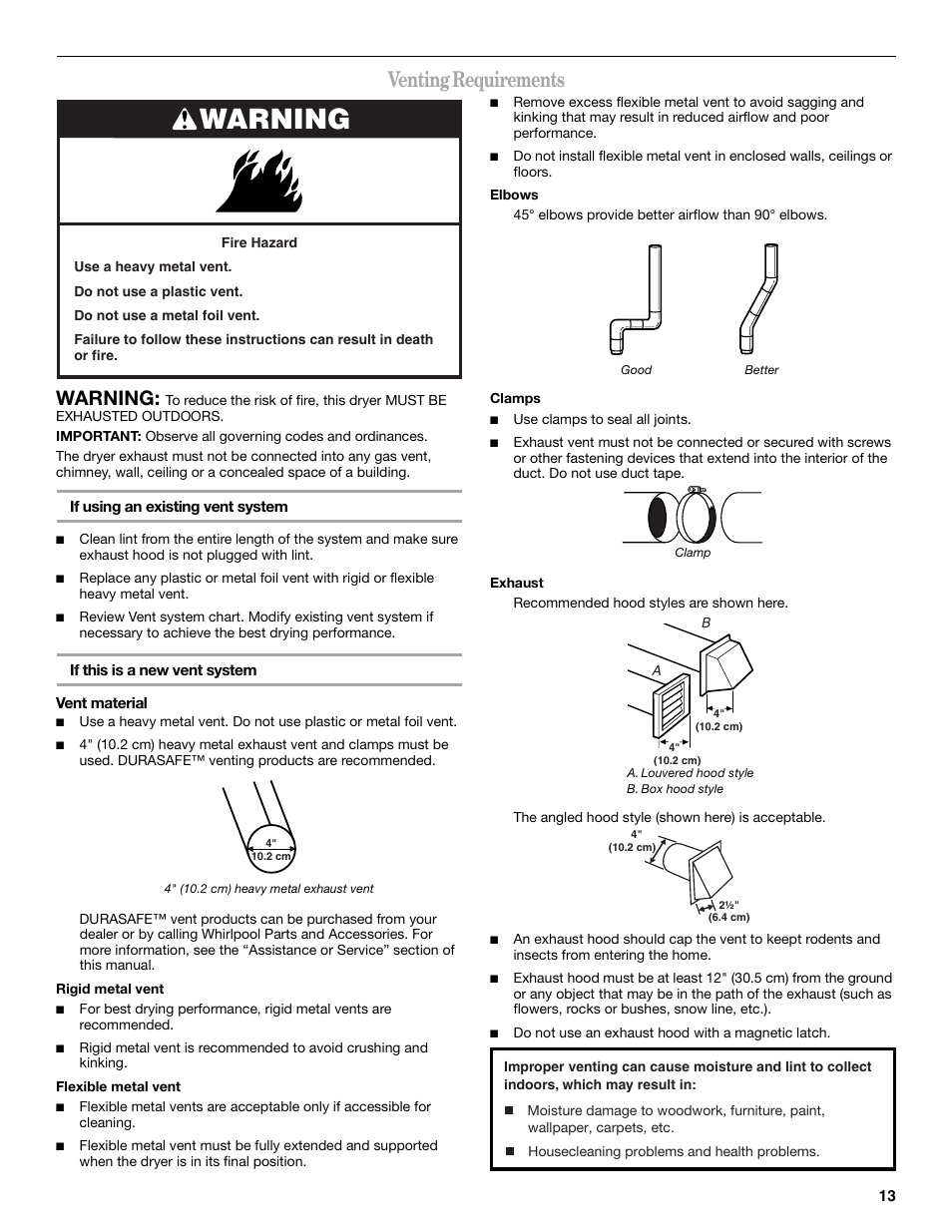 Venting requirements, Warning | Whirlpool 8577194 User Manual | Page 13 / 28