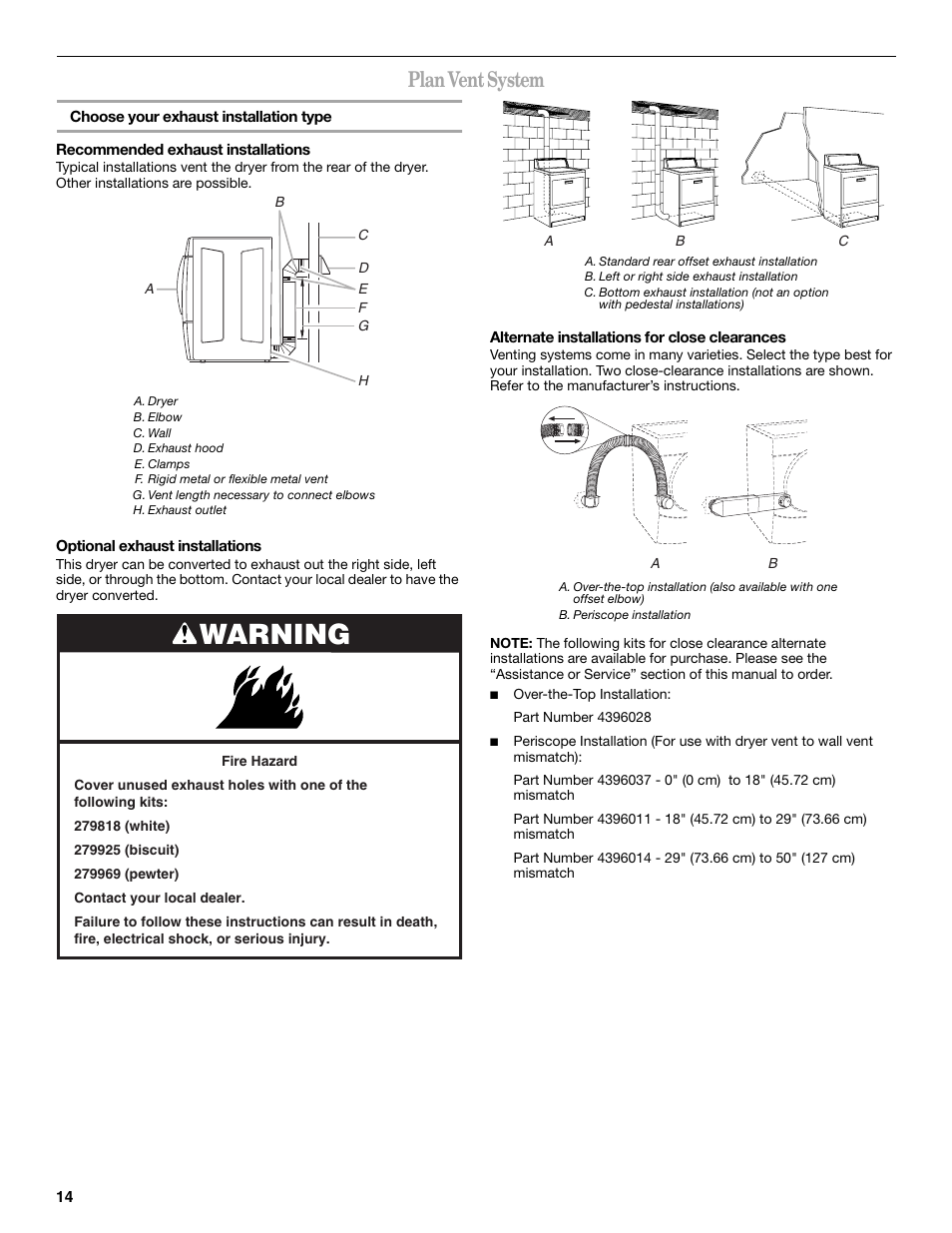 Warning, Plan vent system | Whirlpool 8577194 User Manual | Page 14 / 28