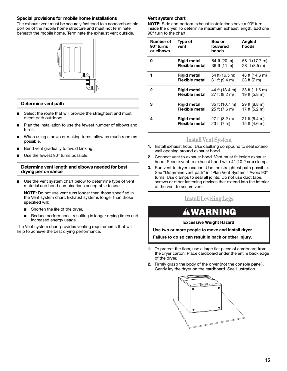 Warning, Install vent system, Install leveling legs | Whirlpool 8577194 User Manual | Page 15 / 28
