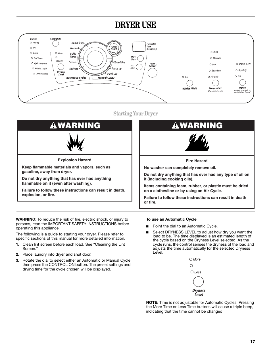 Dryer use, Warning, Starting your dryer | Whirlpool 8577194 User Manual | Page 17 / 28