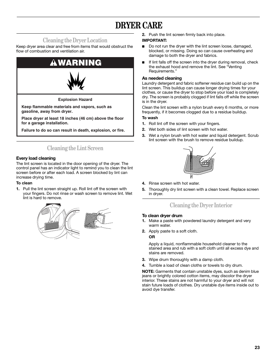 Dryer care, Warning, Cleaning the dryer location | Cleaning the lint screen, Cleaning the dryer interior | Whirlpool 8577194 User Manual | Page 23 / 28