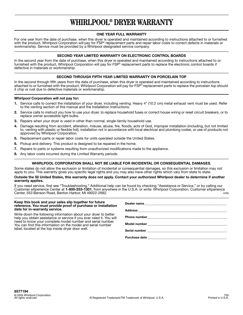 Whirlpool, Dryer warranty | Whirlpool 8577194 User Manual | Page 28 / 28