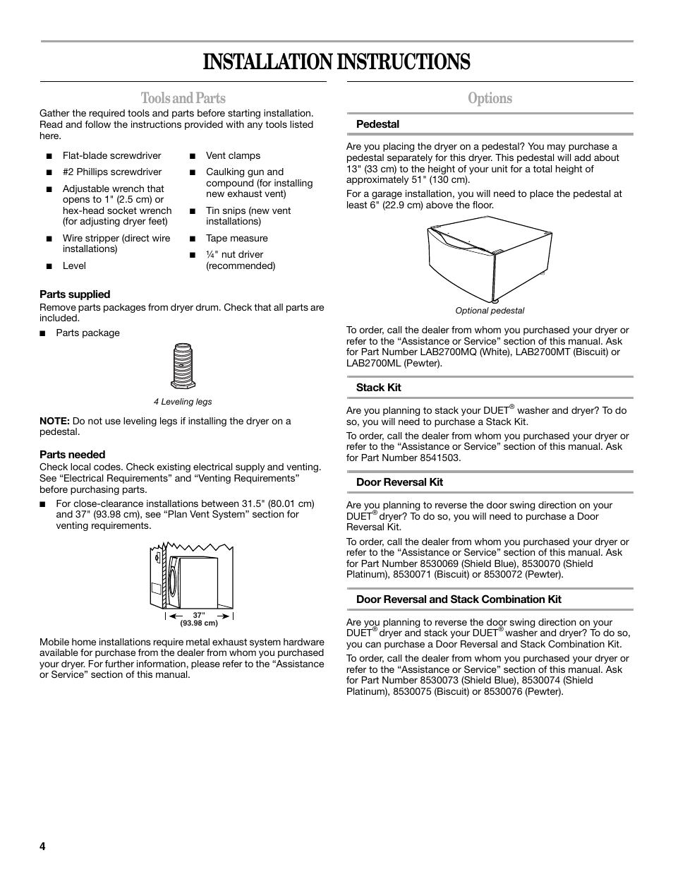 Installation instructions, Tools and parts, Options | Whirlpool 8577194 User Manual | Page 4 / 28