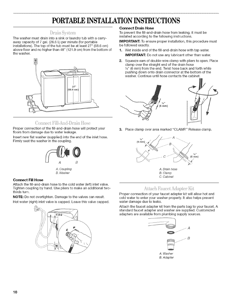 Portable installation instructions, Connect fill hose, Connect drain hose | Whirlpool 326035915 User Manual | Page 10 / 56