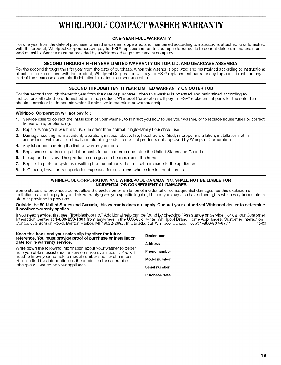 Whirlpool® compact washer warranty, One-year full warranty, Whirlpool corporation will not pay for | Whirlpool 326035915 User Manual | Page 19 / 56