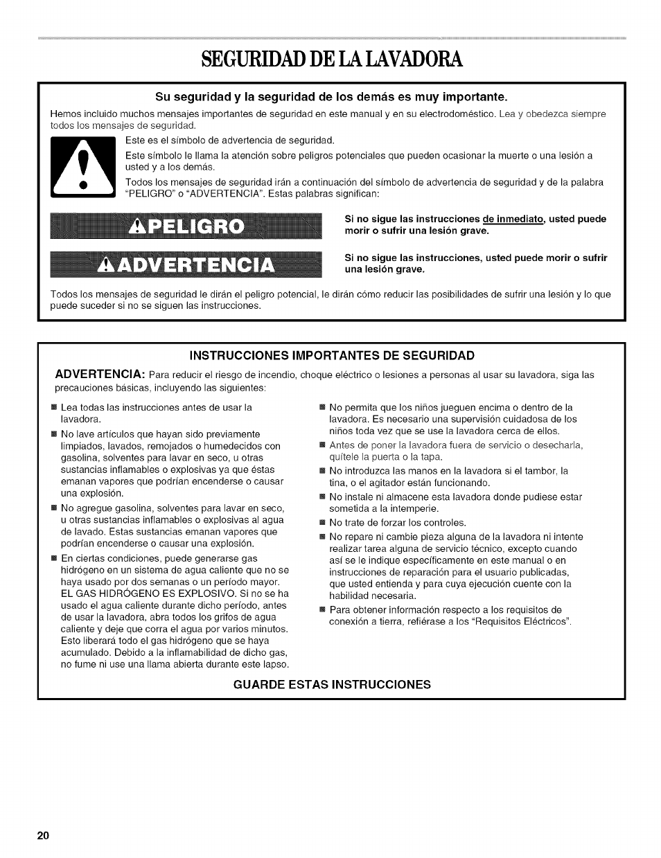 Seguridad de la lavadora, Aadvertenci | Whirlpool 326035915 User Manual | Page 20 / 56