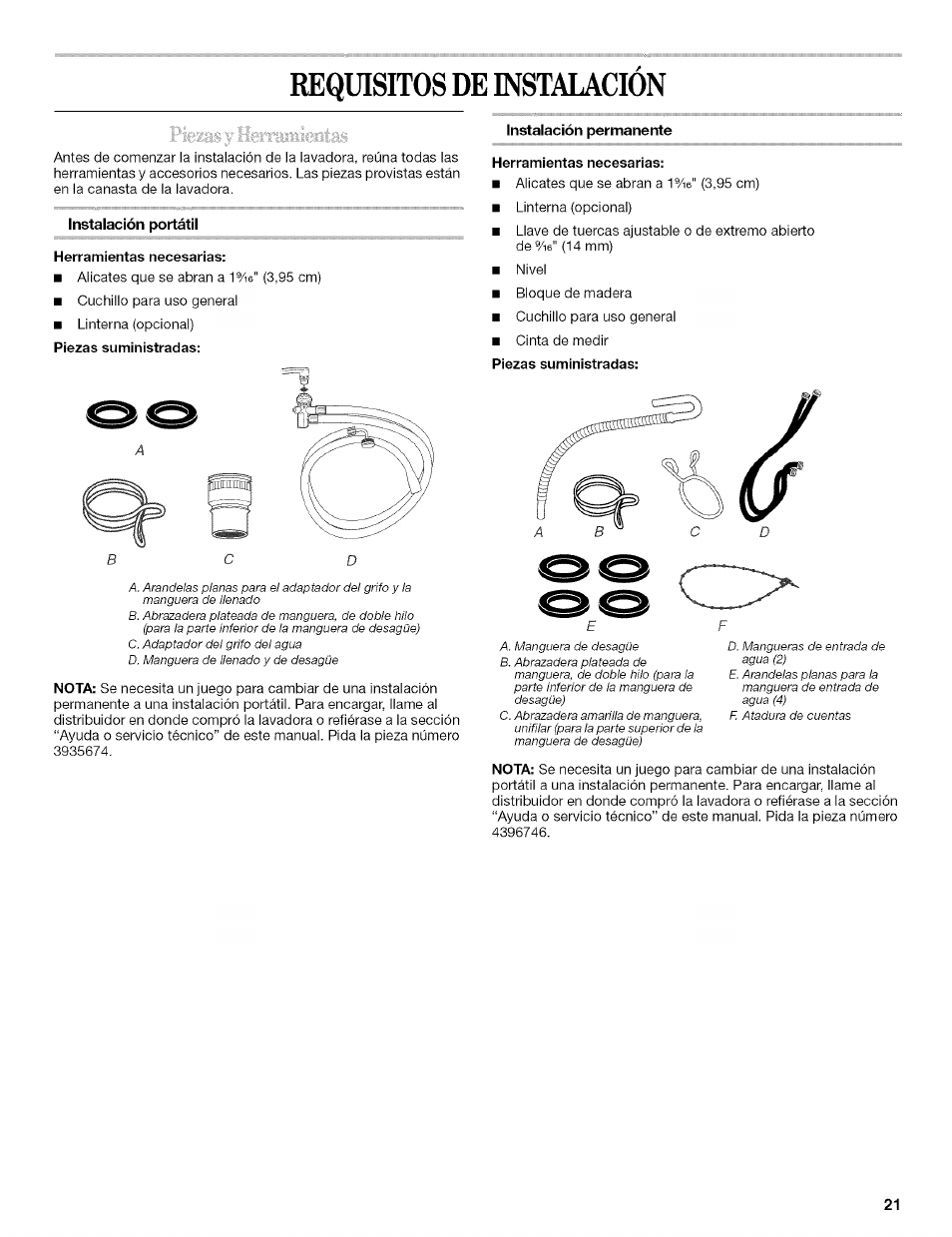 Requisitos de instalacion, Instalación portátil, Herramientas necesarias | Piezas suministradas, Instalación permanente, Requisitos de instalación | Whirlpool 326035915 User Manual | Page 21 / 56