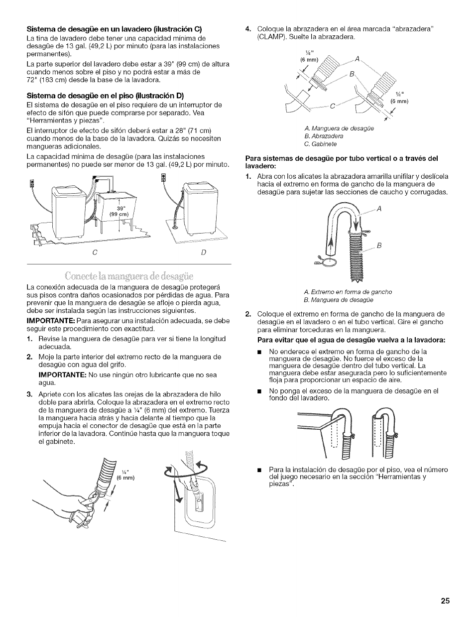 Sistema de desagüe en un lavadero (ilustración c), Sistema de desagüe en el piso (ilustración d) | Whirlpool 326035915 User Manual | Page 25 / 56