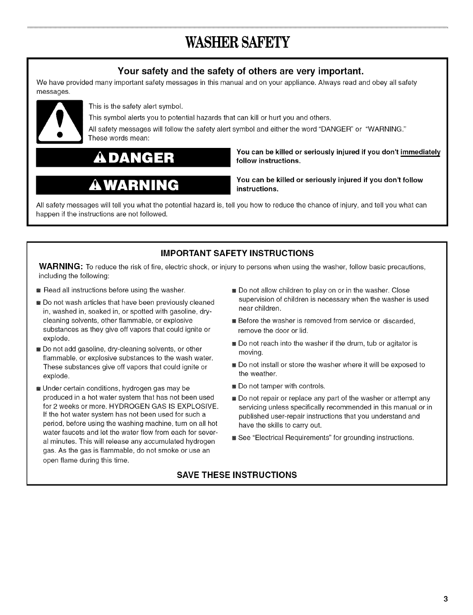 Adanger, Awarning, Washer safety | Whirlpool 326035915 User Manual | Page 3 / 56