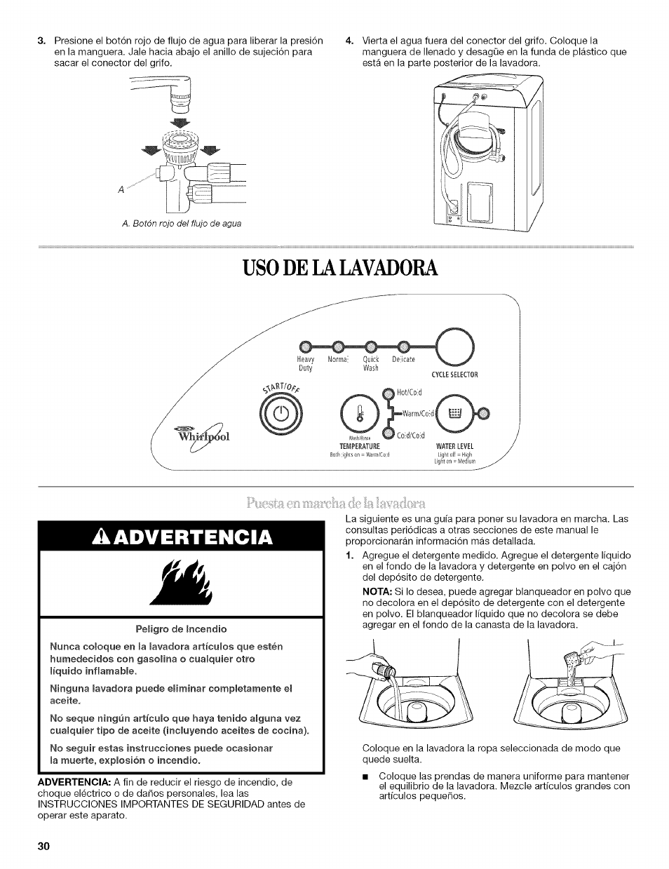 Uso de la lavadora, A advertencia, Desconecte la lavadora | Whirlpool 326035915 User Manual | Page 30 / 56