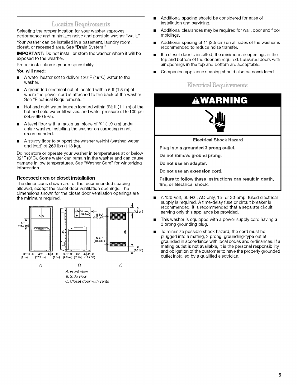 Recessed area or closet installation, Awarning | Whirlpool 326035915 User Manual | Page 5 / 56