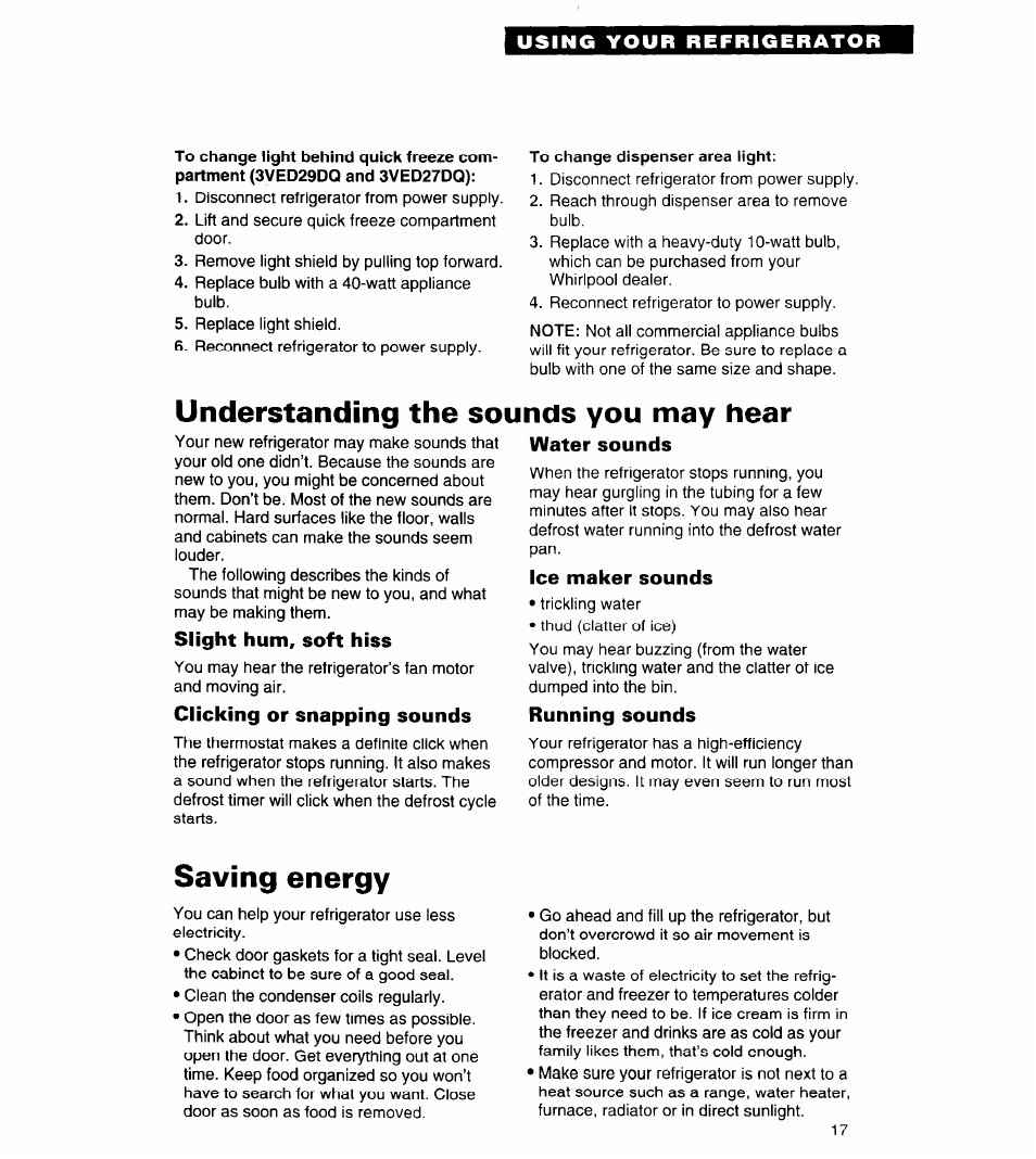 Understanding the sounds you may hear, Slight hum, soft hiss, Clicking or snapping sounds | Water sounds, Ice maker sounds, Running sounds, Saving energy | Whirlpool 3VED29DQ User Manual | Page 17 / 24