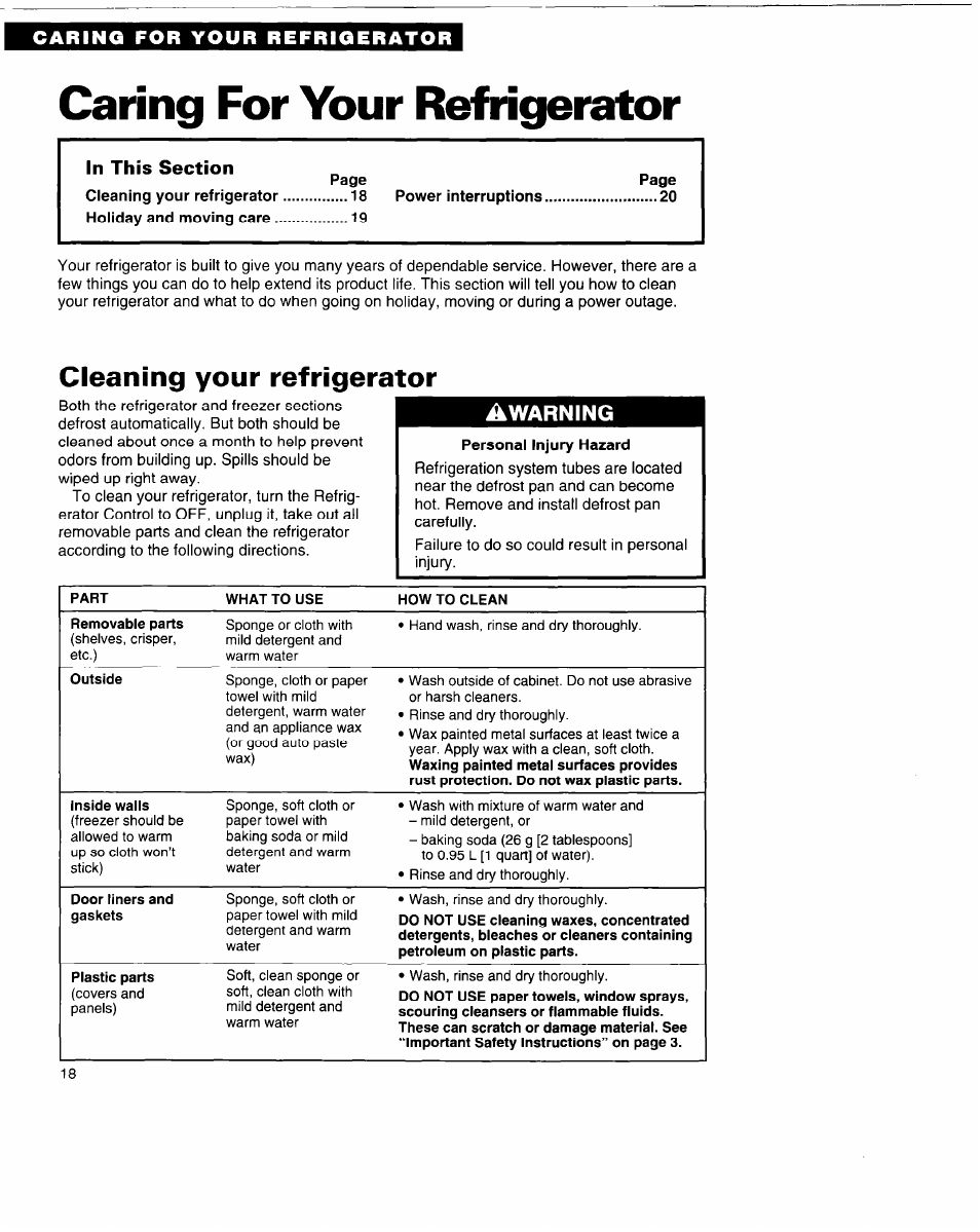 Caring for your refrigerator, Cleaning your refrigerator, Awarning | Whirlpool 3VED29DQ User Manual | Page 18 / 24