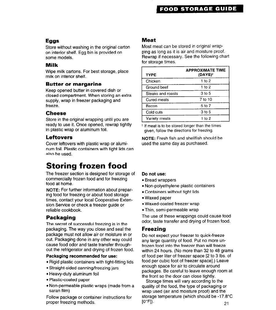 Food storage guide, Eggs, Milk | Butter or margarine, Cheese, Leftovers, Storing frozen food, Packaging, Freezing | Whirlpool 3VED29DQ User Manual | Page 21 / 24