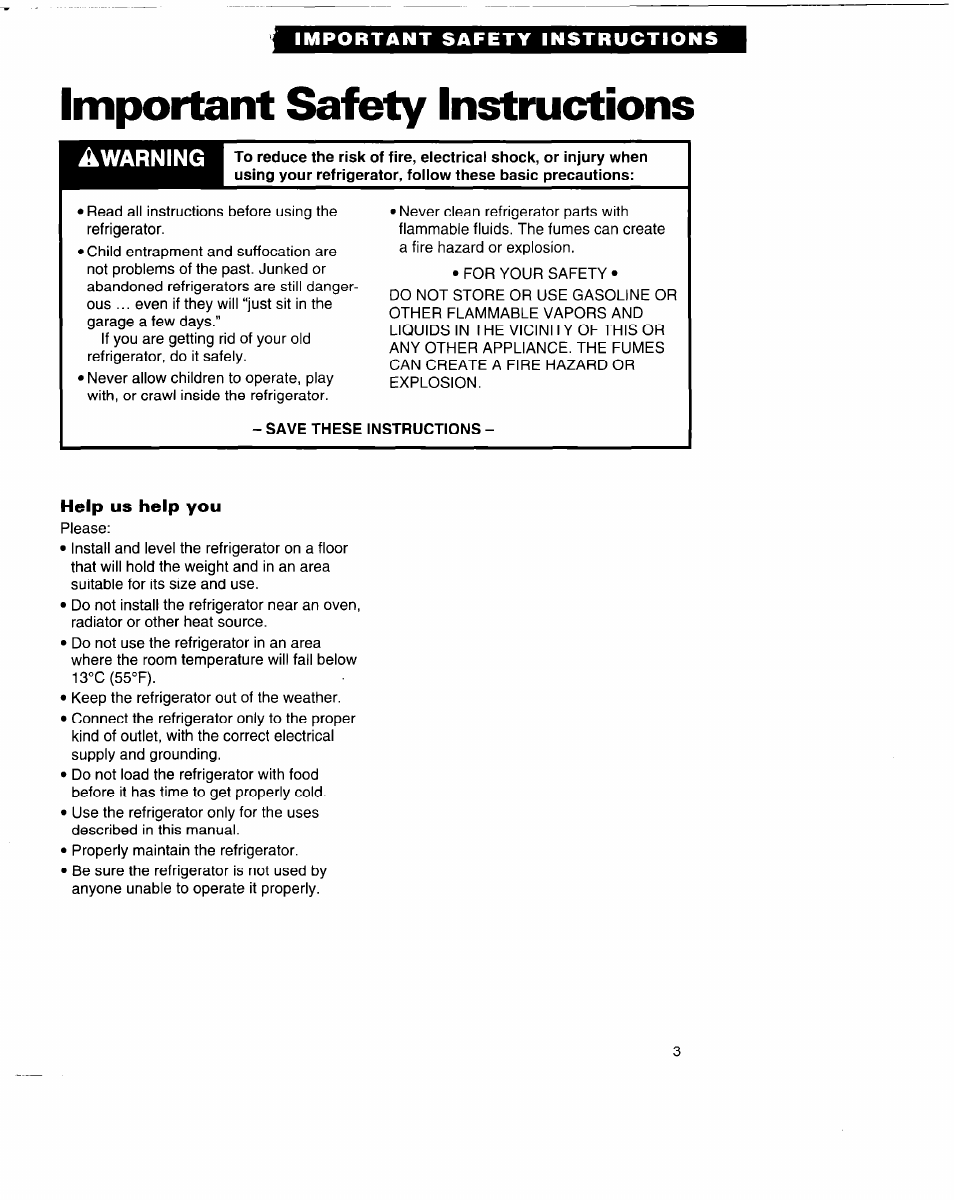 Important safety instructions, Help us help you, Awarning | Whirlpool 3VED29DQ User Manual | Page 3 / 24