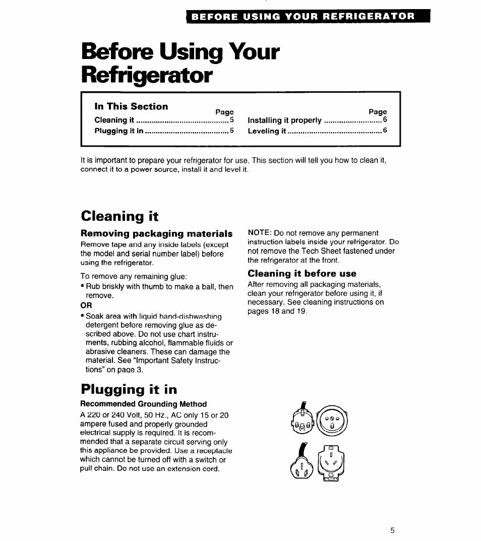 Before using your refrigerator, Cleaning it, Removing packaging materials | Plugging it in, Cleaning it before use | Whirlpool 3VED29DQ User Manual | Page 5 / 24