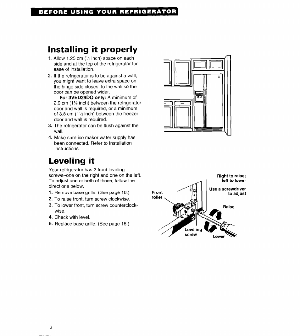 Installing it properly, Leveling it | Whirlpool 3VED29DQ User Manual | Page 6 / 24