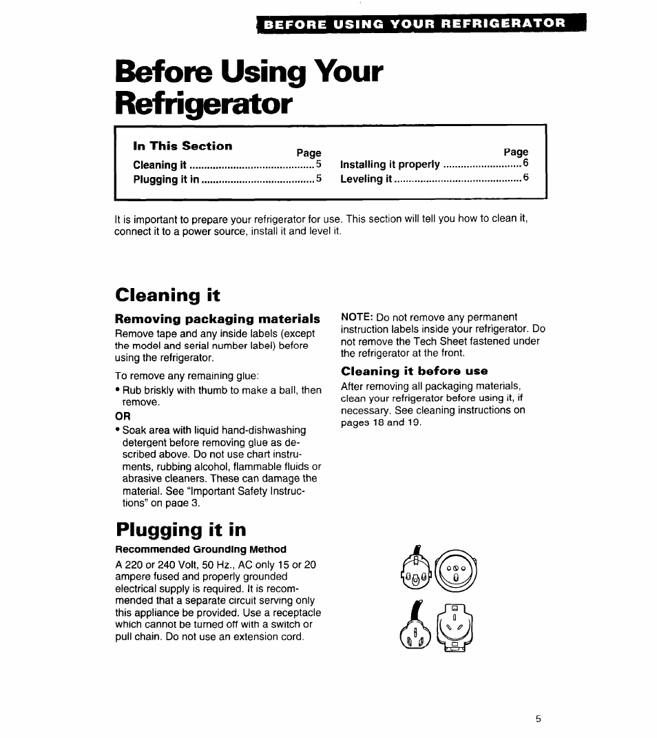 Before using your refrigerator, Cleaning it, Removing packaging materials | Plugging it in, Cleaning it before use | Whirlpool 3VED29DQ User Manual | Page 7 / 24