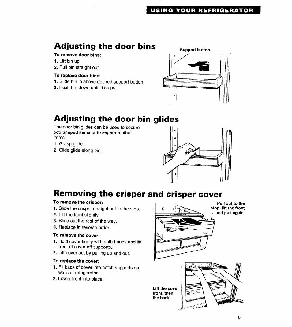 Adjusting the door bins, Adjusting the door bin glides, Removing the crisper and crisper cover | Whirlpool 3VED29DQ User Manual | Page 9 / 24