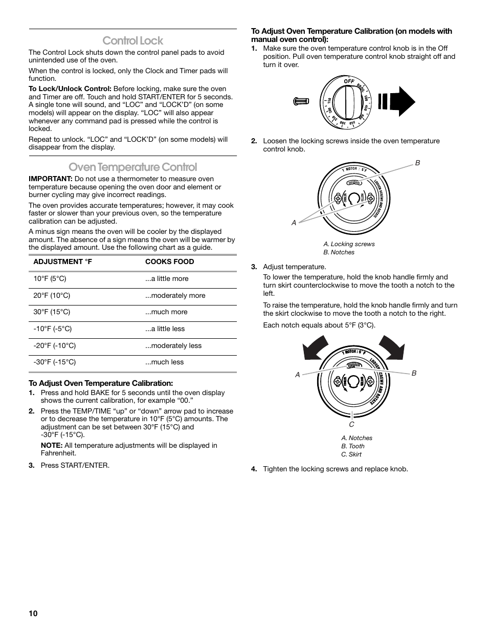 Control lock, Oven temperature control | Whirlpool W10017720 User Manual | Page 10 / 20