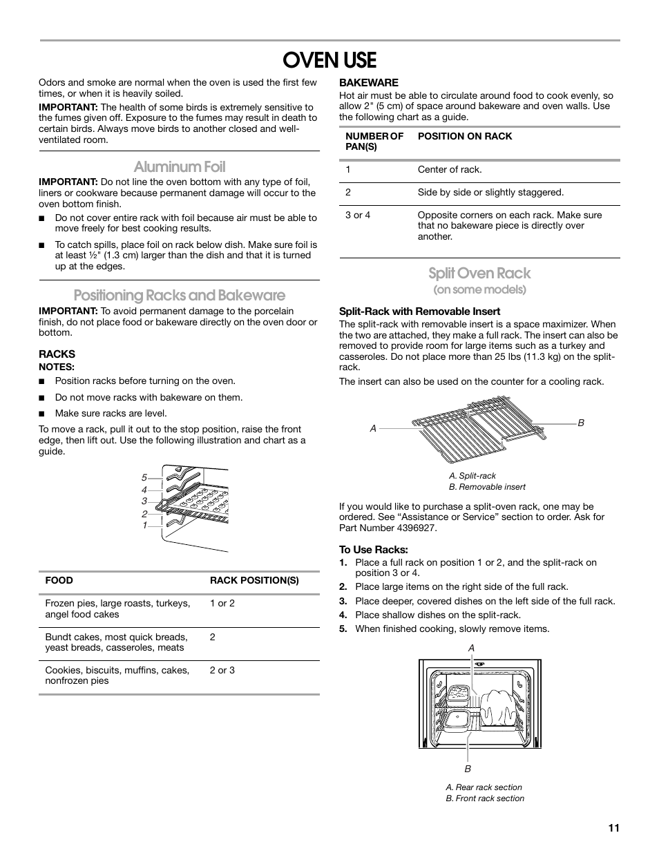 Oven use, Aluminum foil, Positioning racks and bakeware | Split oven rack | Whirlpool W10017720 User Manual | Page 11 / 20