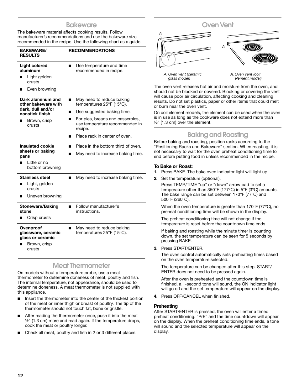 Bakeware, Meat thermometer, Oven vent | Baking and roasting | Whirlpool W10017720 User Manual | Page 12 / 20