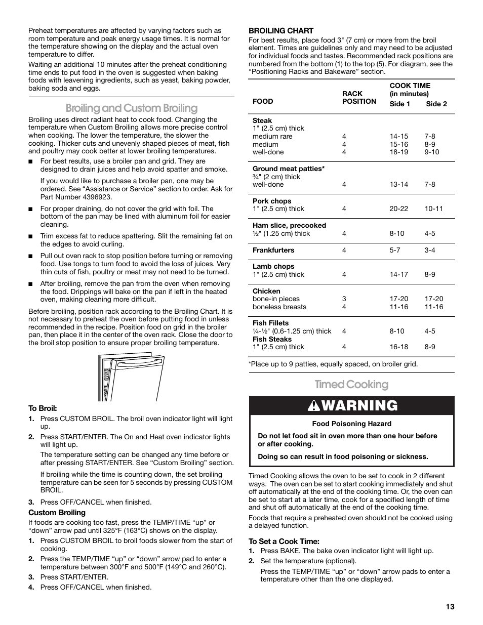 Warning, Broiling and custom broiling, Timed cooking | Whirlpool W10017720 User Manual | Page 13 / 20