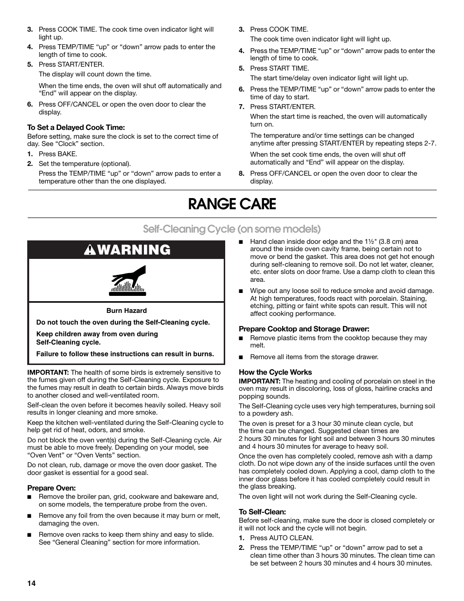 Range care, Warning, Self-cleaning cycle (on some models) | Whirlpool W10017720 User Manual | Page 14 / 20