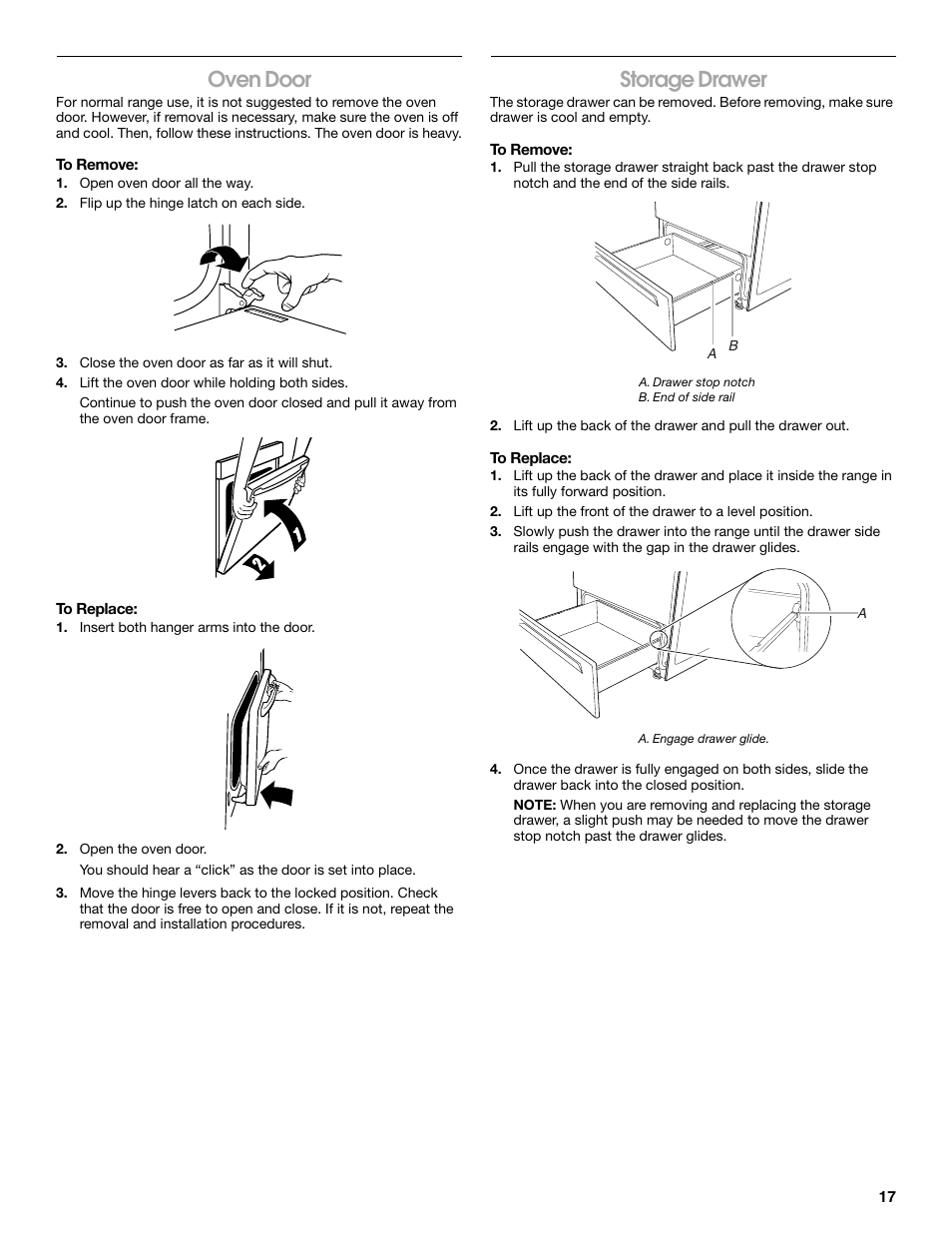 Oven door, Storage drawer | Whirlpool W10017720 User Manual | Page 17 / 20