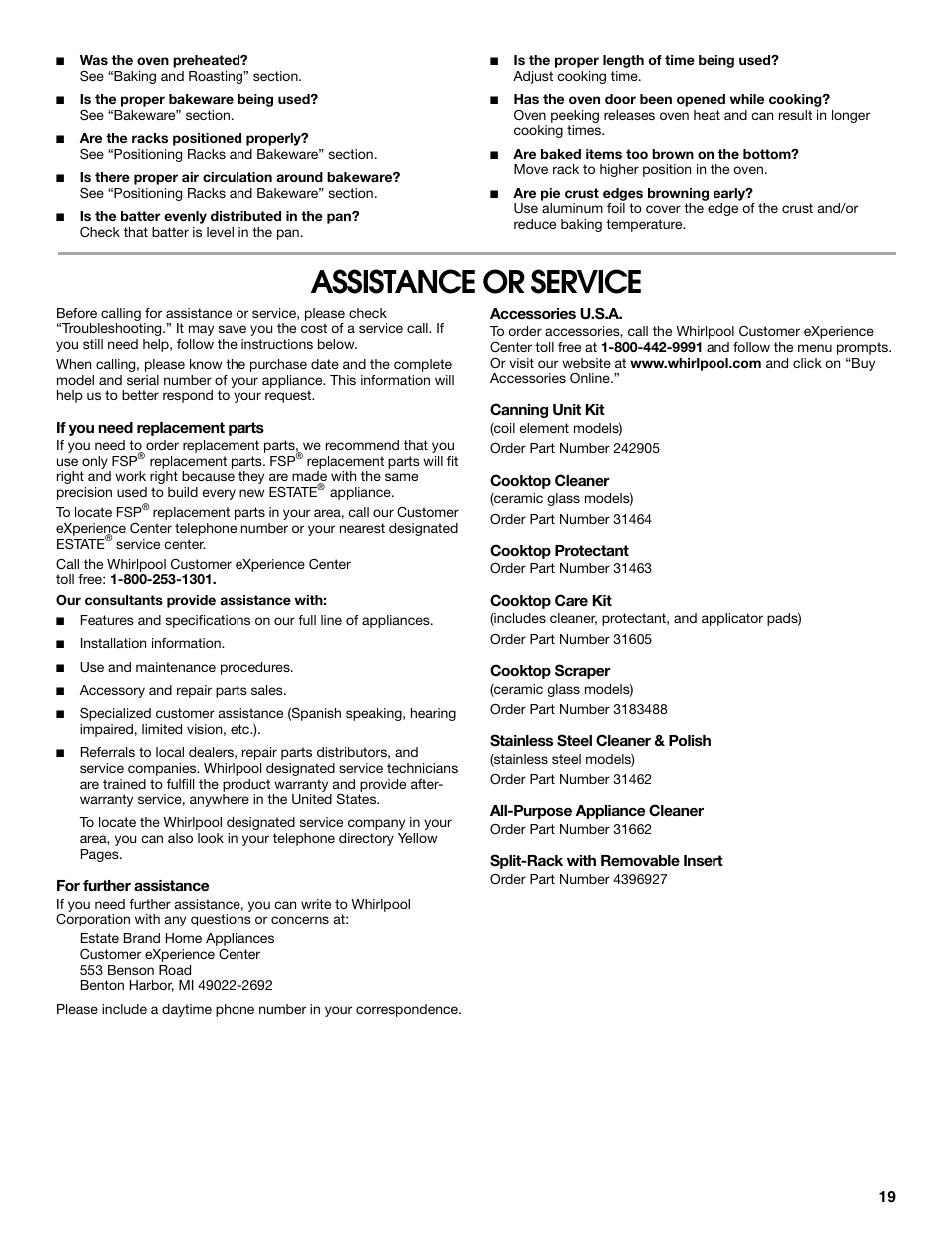 Assistance or service | Whirlpool W10017720 User Manual | Page 19 / 20